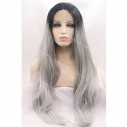 Synthetic lace front wig long black grey straight