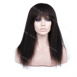 Machine weft made wigs kinky straight with bangs