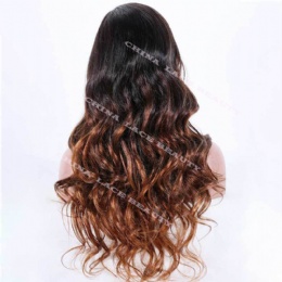 360 Lace Wig, 22in Ombre Brown with Dark Roots, Wavy Hair